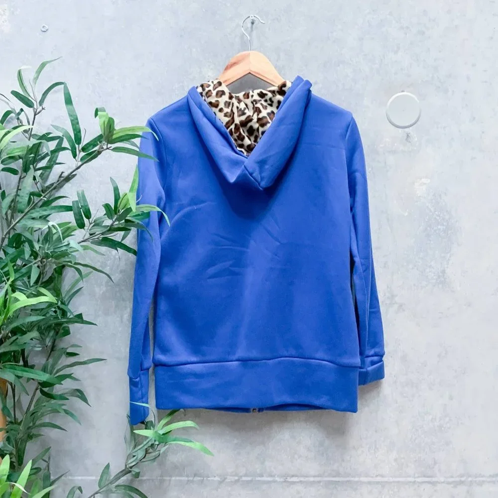 Ladies Blue Leopard Print Faux Fur Lined Hooded Jacket - Size 8 - Picture 2 of 4